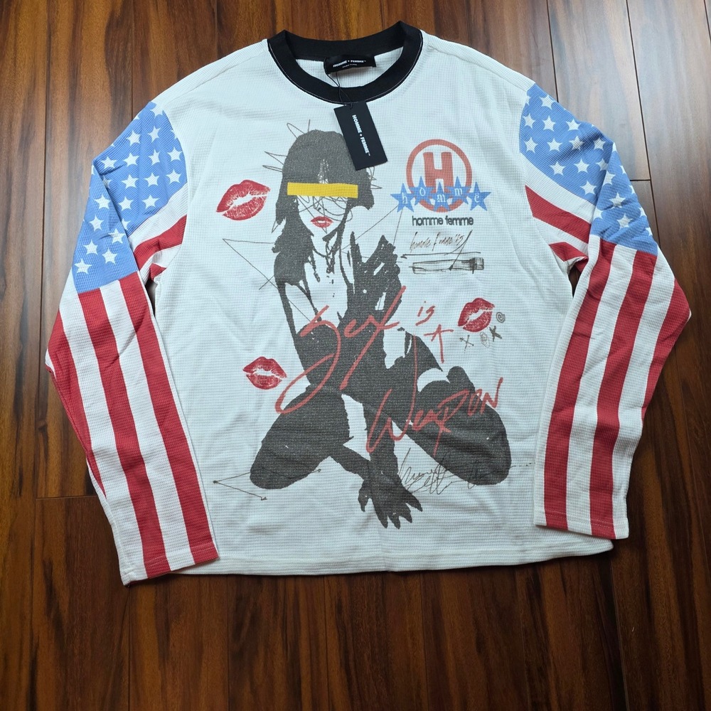 Homme Femme Sex Is A Weapon Thermal Shirt Mens XXL American Flag Graphic White